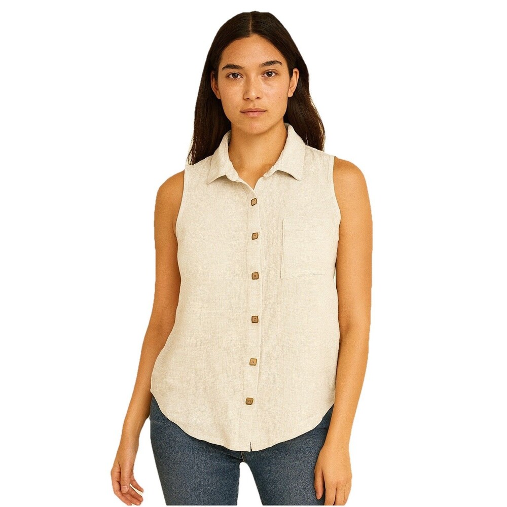 Vtg 90s Pasta USA Women's Sleeveless Button Up Shirt Cream Linen Blend Size M